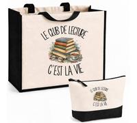 Planetee Ensemble Cabas et Trousse Le club de lecture c'est la vie | Sac Coton et Jute 21 L avec Trousse Zippée 3 L Assortie | Anses 60 cm | Cadeau Lecteur Lectrice Anniversaire