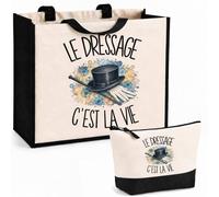Planetee Ensemble Cabas et Trousse Le dressage c'est la vie | Sac Coton et Jute 21 L avec Trousse Zippée 3 L Assortie | Anses 60 cm | Cadeau Cavalier Cavalière Anniversaire