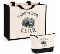 Planetee Ensemble Cabas et Trousse Le grand prix équestre c'est la vie | Sac Coton et Jute 21 L avec Trousse Zippée 3 L Assortie | Anses 60 cm | Cadeau Cavalier Cavalière Anniversaire