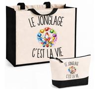 Planetee Ensemble Cabas et Trousse Le Jonglage c’est la vie | Sac Coton et Jute 21 L avec Trousse Zippée 3 L Assortie | Anses 60 cm | Cadeau Jongleur Jongleuse Anniversaire