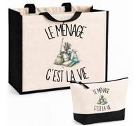 Planetee Ensemble Cabas et Trousse Le ménage c'est la vie | Sac Coton et Jute 21 L avec Trousse Zippée 3 L Assortie | Anses 60 cm | Cadeau Fée du Logis Anniversaire