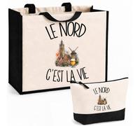 Planetee Ensemble Cabas et Trousse Le Nord c'est la vie | Sac Coton et Jute 21 L avec Trousse Zippée 3 L Assortie | Anses 60 cm | Cadeau Ch'ti Anniversaire