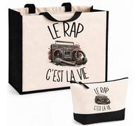 Planetee Ensemble Cabas et Trousse Le rap c'est la vie | Sac Coton et Jute 21 L avec Trousse Zippée 3 L Assortie | Anses 60 cm | Cadeau Rappeur Rappeuse Anniversaire
