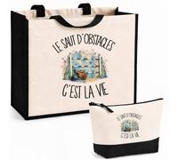 Planetee Ensemble Cabas et Trousse Le saut d'obstacles c'est la vie | Sac Coton et Jute 21 L avec Trousse Zippée 3 L Assortie | Anses 60 cm | Cadeau Cavalier Cavalière Anniversaire