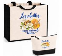 Planetee Ensemble Cabas et Trousse Les abeilles, mon animal totem | Sac Coton et Jute 21 L avec Trousse Zippée 3 L Assortie | Anses 60 cm | Cadeau Apiculteur Apicultrice Anniversaire