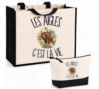 Planetee Ensemble Cabas et Trousse Les aigles c'est la vie | Sac Coton et Jute 21 L avec Trousse Zippée 3 L Assortie, Anses 60 cm, Cadeau Ornithologue Anniversaire