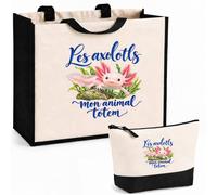 Planetee Ensemble Cabas et Trousse Les axolotls, mon animal totem | Sac Coton et Jute 21 L avec Trousse Zippée 3 L Assortie | Anses 60 cm | Cadeau Amoureux et Amoureuse des Animaux Anniversaire