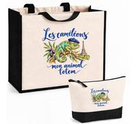 Planetee Ensemble Cabas et Trousse Les caméléons, mon animal totem | Sac Coton et Jute 21 L avec Trousse Zippée 3 L Assortie | Anses 60 cm | Cadeau Amoureux et Amoureuse des Animaux Anniversaire