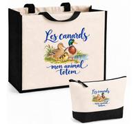 Planetee Ensemble Cabas et Trousse Les canards, mon animal totem | Sac Coton et Jute 21 L avec Trousse Zippée 3 L Assortie | Anses 60 cm | Cadeau Amoureux et Amoureuse des Animaux Anniversaire