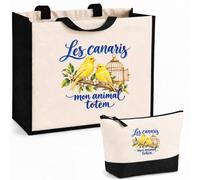 Planetee Ensemble Cabas et Trousse Les canaris, mon animal totem | Sac Coton et Jute 21 L avec Trousse Zippée 3 L Assortie | Anses 60 cm | Cadeau Amoureux et Amoureuse des Oiseaux Anniversaire
