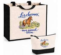 Planetee Ensemble Cabas et Trousse Les chevaux, mon animal totem | Sac Coton et Jute 21 L avec Trousse Zippée 3 L Assortie | Anses 60 cm | Cadeau Cavalier Cavalière Anniversaire