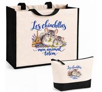 Planetee Ensemble Cabas et Trousse Les chinchillas, mon animal totem | Sac Coton et Jute 21 L avec Trousse Zippée 3 L Assortie | Anses 60 cm | Cadeau Amoureux et Amoureuse des Animaux Anniversaire