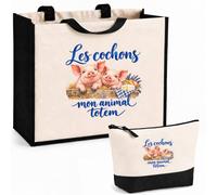Planetee Ensemble Cabas et Trousse Les cochons, mon animal totem | Sac Coton et Jute 21 L avec Trousse Zippée 3 L Assortie | Anses 60 cm | Cadeau Amoureux et Amoureuse des Animaux Anniversaire