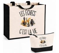Planetee Ensemble Cabas et Trousse Les échecs c'est la vie | Sac Coton et Jute 21 L avec Trousse Zippée 3 L Assortie | Anses 60 cm | Cadeau Joueur et Joueuse de Stratégie Anniversaire