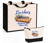 Planetee Ensemble Cabas et Trousse Les échecs, toujours une bonne idée | Sac Coton et Jute 21 L avec Trousse Zippée 3 L Assortie | Anses 60 cm | Cadeau Joueur et Joueuse D'Échecs Anniversaire