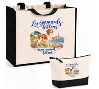 Planetee Ensemble Cabas et Trousse Les épagneuls bretons, mon animal totem | Sac Coton et Jute 21 L avec Trousse Zippée 3 L Assortie | Anses 60 cm | Cadeau Propriétaire de Chien Anniversaire