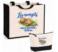 Planetee Ensemble Cabas et Trousse Les escargots, mon animal totem | Sac Coton et Jute 21 L avec Trousse Zippée 3 L Assortie | Anses 60 cm | Cadeau Amoureux et Amoureuse des Animaux Anniversaire