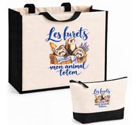 Planetee Ensemble Cabas et Trousse Les furets, mon animal totem | Sac Coton et Jute 21 L avec Trousse Zippée 3 L Assortie | Anses 60 cm | Cadeau Amoureux et Amoureuse des Animaux Anniversaire
