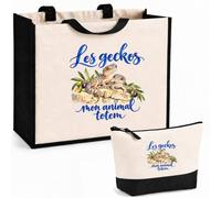 Planetee Ensemble Cabas et Trousse Les geckos, mon animal totem | Sac Coton et Jute 21 L avec Trousse Zippée 3 L Assortie | Anses 60 cm | Cadeau Amoureux et Amoureuse des Animaux Anniversaire