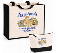 Planetee Ensemble Cabas et Trousse Les guépards, mon animal totem | Sac Coton et Jute 21 L avec Trousse Zippée 3 L Assortie | Anses 60 cm | Cadeau Amoureux et Amoureuse des Animaux Anniversaire