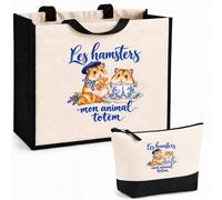 Planetee Ensemble Cabas et Trousse Les hamsters, mon animal totem | Sac Coton et Jute 21 L avec Trousse Zippée 3 L Assortie | Anses 60 cm | Cadeau Amoureux et Amoureuse des Animaux Anniversaire