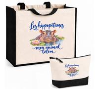 Planetee Ensemble Cabas et Trousse Les hippopotames, mon animal totem | Sac Coton et Jute 21 L avec Trousse Zippée 3 L Assortie | Anses 60 cm | Cadeau Amoureux et Amoureuse des Animaux Anniversaire