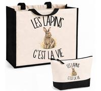Planetee Ensemble Cabas et Trousse Les lapins c'est la vie | Sac Coton et Jute 21 L avec Trousse Zippée 3 L Assortie | Anses 60 cm | Cadeau Amoureux et Amoureuse des Animaux Anniversaire