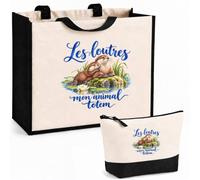 Planetee Ensemble Cabas et Trousse Les loutres, mon animal totem | Sac Coton et Jute 21 L avec Trousse Zippée 3 L Assortie | Anses 60 cm | Cadeau Amoureux et Amoureuse des Animaux Anniversaire