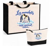 Planetee Ensemble Cabas et Trousse Les manchots, mon animal totem | Sac Coton et Jute 21 L avec Trousse Zippée 3 L Assortie | Anses 60 cm | Cadeau Amoureux et Amoureuse des Animaux Anniversaire
