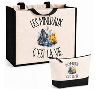 Planetee Ensemble Cabas et Trousse Les minéraux c'est la vie | Sac Coton et Jute 21 L avec Trousse Zippée 3 L Assortie | Anses 60 cm | Cadeau Collectionneur et Collectionneuse de Pierres Anniversaire