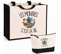 Planetee Ensemble Cabas et Trousse Les montres c'est la vie | Sac Coton et Jute 21 L avec Trousse Zippée 3 L Assortie | Anses 60 cm | Cadeau Collectionneur Collectionneuse Anniversaire