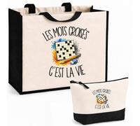 Planetee Ensemble Cabas et Trousse Les mots croisés c'est la vie | Sac Coton et Jute 21 L avec Trousse Zippée 3 L Assortie | Anses 60 cm | Cadeau Cruciverbiste Anniversaire
