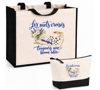 Planetee Ensemble Cabas et Trousse Les mots croisés, toujours une bonne idée | Sac Coton et Jute 21 L avec Trousse Zippée 3 L Assortie | Anses 60 cm | Cadeau Cruciverbiste Anniversaire