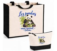 Planetee Ensemble Cabas et Trousse Les pandas, mon animal totem | Sac Coton et Jute 21 L avec Trousse Zippée 3 L Assortie | Anses 60 cm | Cadeau Amoureux et Amoureuse des Animaux Anniversaire