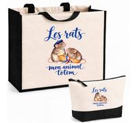 Planetee Ensemble Cabas et Trousse Les rats, mon animal totem | Sac Coton et Jute 21 L avec Trousse Zippée 3 L Assortie | Anses 60 cm | Cadeau Amoureux et Amoureuse des Animaux Anniversaire
