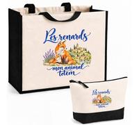 Planetee Ensemble Cabas et Trousse Les renards, mon animal totem | Sac Coton et Jute 21 L avec Trousse Zippée 3 L Assortie | Anses 60 cm | Cadeau Amoureux et Amoureuse des Animaux Anniversaire