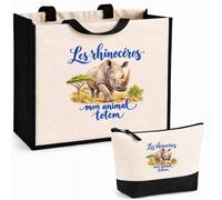 Planetee Ensemble Cabas et Trousse Les rhinocéros, mon animal totem | Sac Coton et Jute 21 L avec Trousse Zippée 3 L Assortie | Anses 60 cm | Cadeau Amoureux et Amoureuse des Animaux Anniversaire