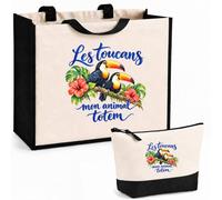 Planetee Ensemble Cabas et Trousse Les toucans, mon animal totem | Sac Coton et Jute 21 L avec Trousse Zippée 3 L Assortie | Anses 60 cm | Cadeau Amoureux et Amoureuse des Oiseaux Anniversaire