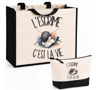 Planetee Ensemble Cabas et Trousse L'escrime c'est la vie | Sac Coton et Jute 21 L avec Trousse Zippée 3 L Assortie | Anses 60 cm | Cadeau Escrimeur Escrimeuse Anniversaire
