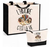 Planetee Ensemble Cabas et Trousse L'histoire c'est la vie | Sac Coton et Jute 21 L avec Trousse Zippée 3 L Assortie | Anses 60 cm | Cadeau Passionné et Passionnée du Passé Anniversaire