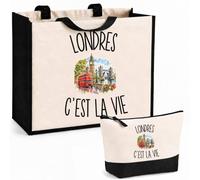 Planetee Ensemble Cabas et Trousse Londres c’est la vie | Sac Coton et Jute 21 L avec Trousse Zippée 3 L Assortie | Anses 60 cm | Cadeau Voyageur Voyageuse Anniversaire