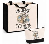 Planetee Ensemble Cabas et Trousse Ma chèvre c'est ma vie | Sac Coton et Jute 21 L avec Trousse Zippée 3 L Assortie | Anses 60 cm | Cadeau Éleveur et Éleveuse de Chèvres Anniversaire