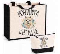 Planetee Ensemble Cabas et Trousse Mon alpaga c'est ma vie | Sac Coton et Jute 21 L avec Trousse Zippée 3 L Assortie | Anses 60 cm | Cadeau Éleveur et Éleveuse D'alpagas Anniversaire
