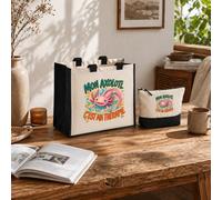 Planetee Ensemble Cabas et Trousse Mon axolotl c'est ma thérapie | Sac Coton et Jute 21 L avec Trousse Zippée 3 L Assortie | Anses 60 cm | Cadeau Anniversaire