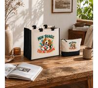 Planetee Ensemble Cabas et Trousse Mon beagle c'est ma thérapie | Sac Coton et Jute 21 L avec Trousse Zippée 3 L Assortie | Anses 60 cm | Cadeau Anniversaire
