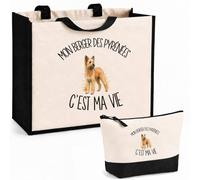 Planetee Ensemble Cabas et Trousse Mon Berger des Pyrénées c'est ma vie | Sac Coton et Jute 21 L avec Trousse Zippée 3 L Assortie | Anses 60 cm | Cadeau Propriétaire Chien Anniversaire