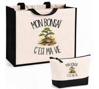 Planetee Ensemble Cabas et Trousse Mon bonsaï c'est ma vie | Sac Coton et Jute 21 L avec Trousse Zippée 3 L Assortie | Anses 60 cm | Cadeau Amoureux et Amoureuse des Plantes Anniversaire