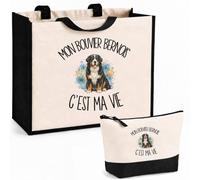 Planetee Ensemble Cabas et Trousse Mon Bouvier Bernois c'est ma vie | Sac Coton et Jute 21 L avec Trousse Zippée 3 L Assortie | Anses 60 cm | Cadeau Propriétaire Chien Anniversaire