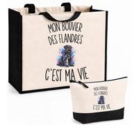 Planetee Ensemble Cabas et Trousse Mon Bouvier des Flandres c’est ma vie | Sac Coton et Jute 21 L avec Trousse Zippée 3 L Assortie | Anses 60 cm | Cadeau Propriétaire Chien Anniversaire