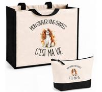 Planetee Ensemble Cabas et Trousse Mon Cavalier King Charles c'est ma vie | Sac Coton et Jute 21 L avec Trousse Zippée 3 L Assortie | Anses 60 cm | Cadeau Propriétaire Chien Anniversaire